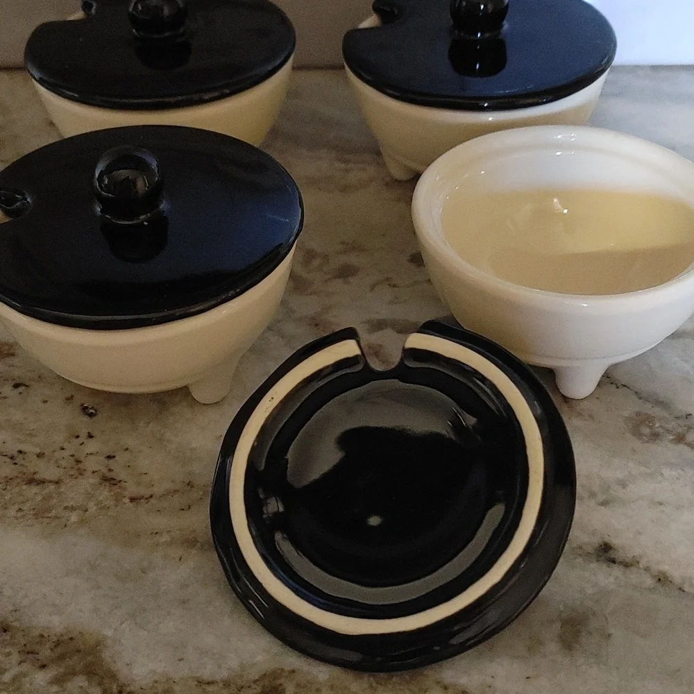 4 Vintage Condiment Bowls with Lids 3 Footed Black & Cream